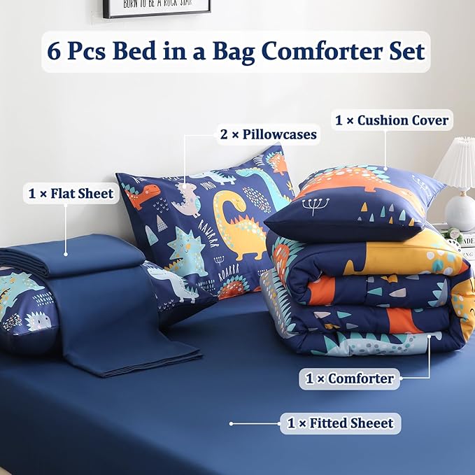 6 Pcs Bed in A Bag Full Comforter Set for Boys Girls, Dinosaur Comforter, Dinosaur Bedding Sets with Sheets for Kids