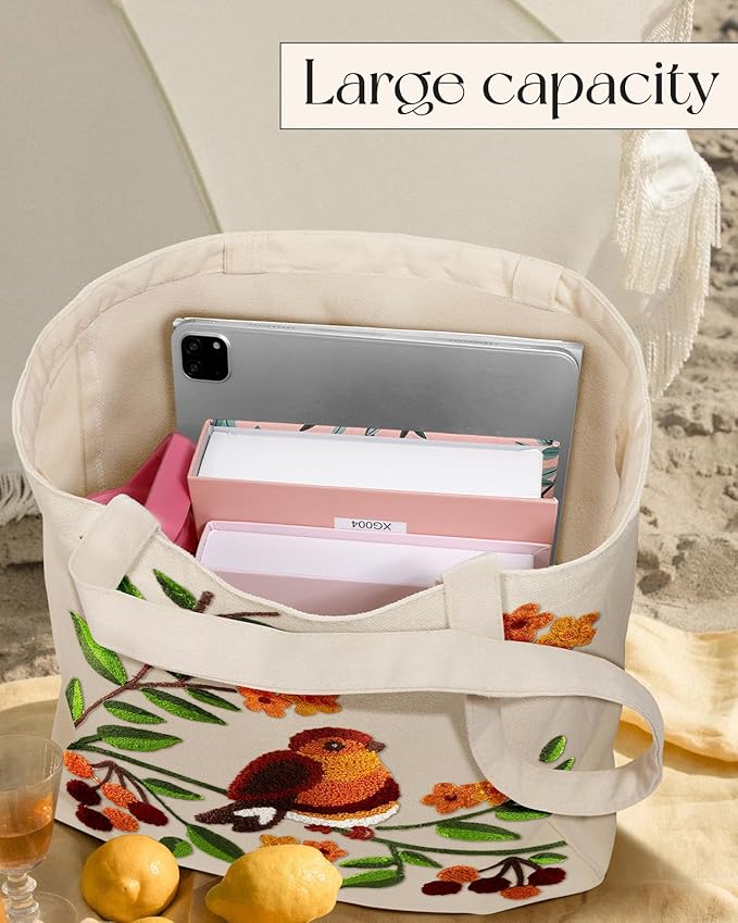Miss Adola Aesthetic Embroidery Tote Bag for Women - Reusable Canvas Cute Shoulder Bag for Shopping, Grocery, Work, Book