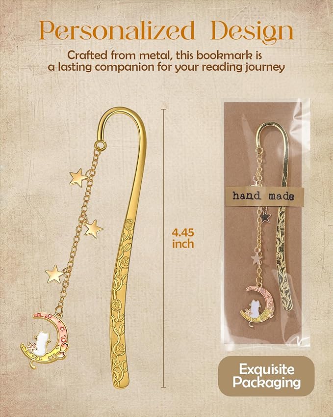 Buleens Bookmarks for Women Reading - Book Marks for Readers Book Lovers, Cute Gold Feather Cat Moon Star Personalized Metal Bookmark with Pendants, Pretty and Aesthetic Book Accessories Reading Gifts