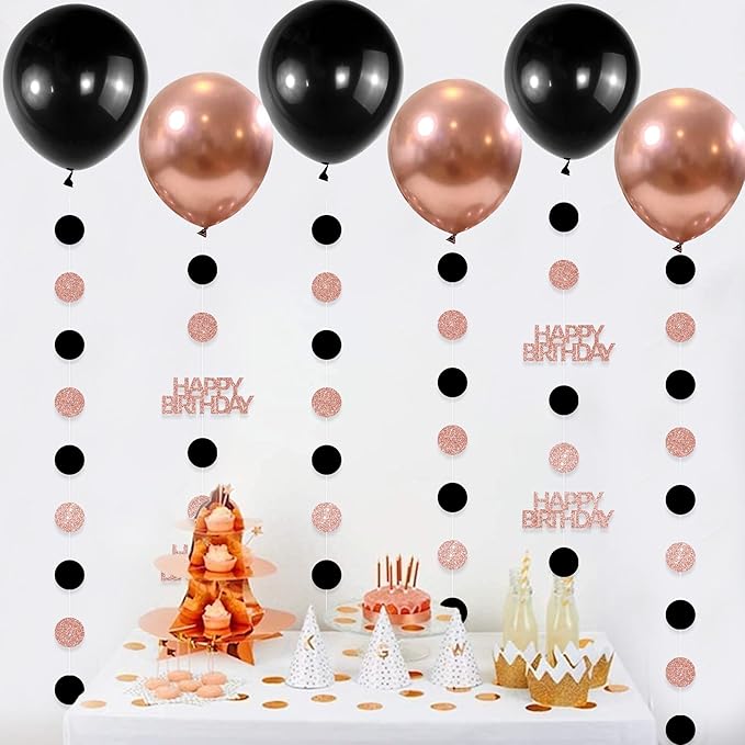 Rose Gold and Black Happy Birthday Decorations, 6PCS Glittery Circle Dots Garland and 6PCS Rose Gold/Black Balloons for Birthday Party Decor Balloon Tails
