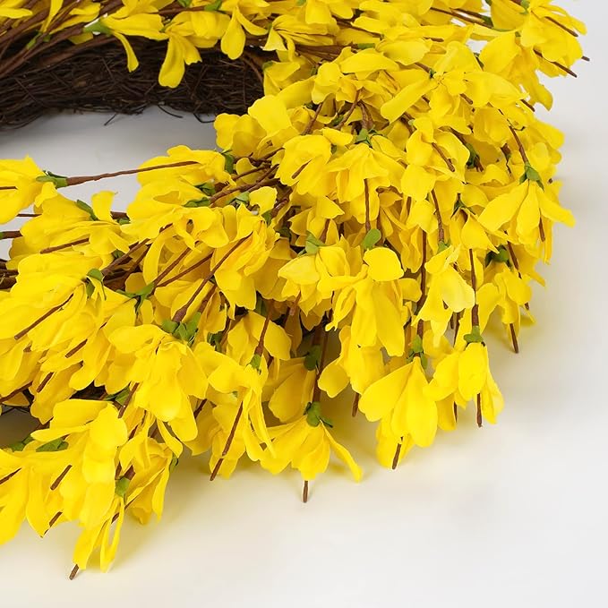 Huashen 24 Inch Yellow Forsythia Wreath Winter Front Door Blossom Cluster Flower Farmhouse on Grapevine for Festival Celebration Wall Window Decoration Home Christmas Décor