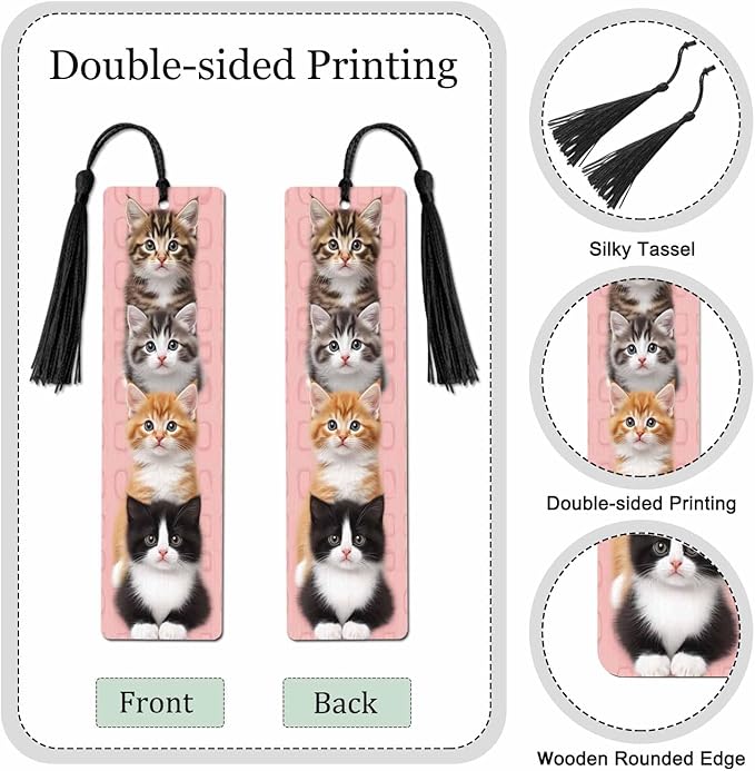 Cute Cat Bookmarks Set 5 with Tassels Pet Animal Pink Wooden Bookmarks for Reading Women Men Students Teachers School Supplies