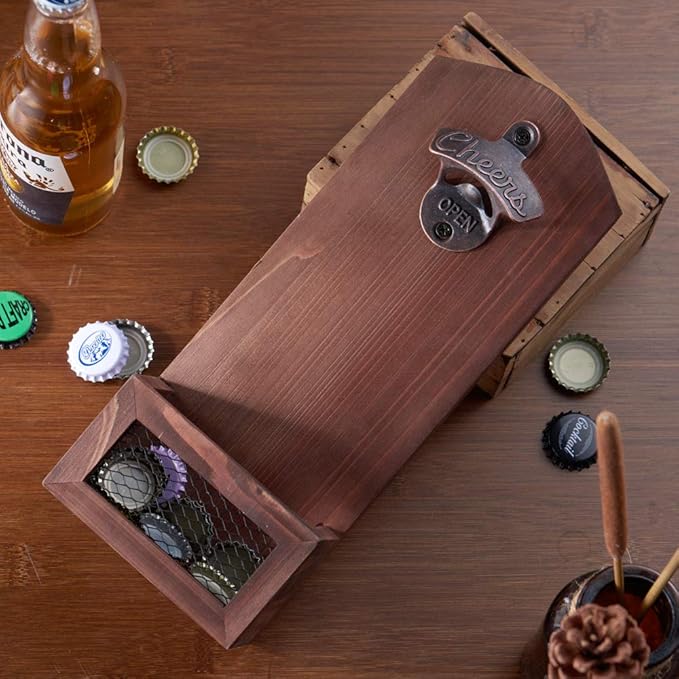 Bottle Opener with Cap CollectorCatcher,Vintage Wooden Wall Mounted Bottle Opener, Ideal Gift for Men and Beer Lovers, Use as Bar Decoration.