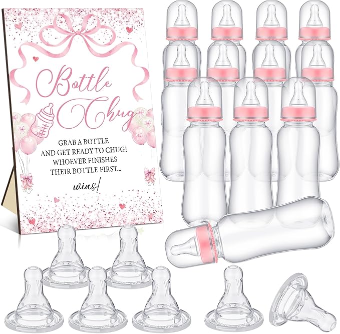 TrelaCo Cool Baby Shower Games Bottle Chug Sign and 12 Pcs Baby Bottle Shower Favor Baby Bottles for Baby Shower Games Gender Reveal (Pink Bow)