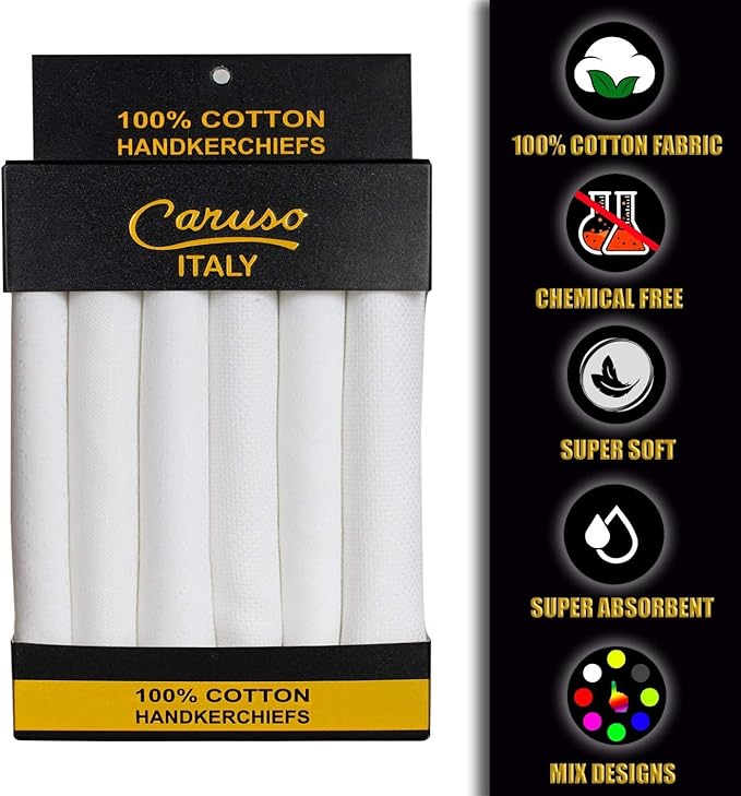 Caruso Italy 100% Cotton Men's Italia Handkerchief | Luxurious, Soft, and Ultra-Absorbent Handkerchief For Men | 50cm X 50cm