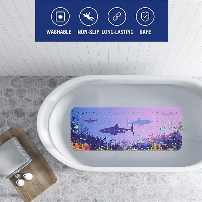 Blue Sea Bathtub Mat Non Slip for Kids 40x16in Extra Long Shark Ocean Whale Tropical Fish Anti Slip Shower Mat for Bathroom with Large Drain Holes and Suction Cups Quality Bath Mats and Bathtub Decor