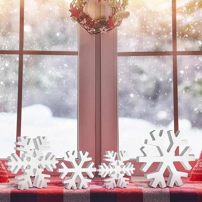 Blulu 4 Pcs Winter Wooden Snowflakes Decor Tabletop Decorations Christmas Snowflake Signs Winter Wooden Xmas Standing Table Sign Christmas Fireplace Decoration for Party Birthday(White)