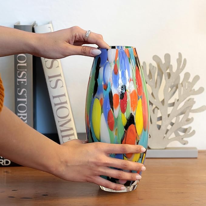 Ca D Oro Colored Glass Vase Confetti Effect Hand Blown Murano-Style Art Glass for Flower, Room Decoration and Centerpiece - Model Oliva G