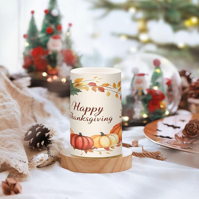 ALAZA Pumpkin Happy Thanksgiving Flickering Flameless Candles Battery Operated with Remote Timer,Tea Light Candles LED Pillar Votive Candles Set of 2 for Outdoor Indoor Decorations