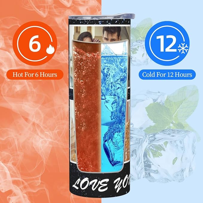 Personalized Custom tumbler Coffee Mug with Lid and Straw Hot and Cold Stainless Steel Vacuum Insulated Travel Mug with Photo Personalized tumbler Gift (20 oz, Cylinder, 4 photos)