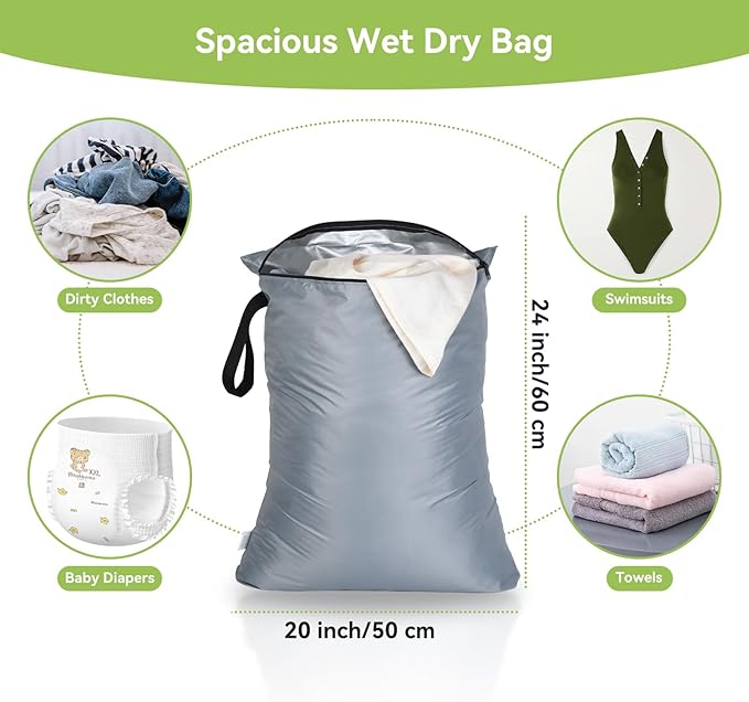 OTraki 2PCS Large Wet Bag 20x24 inch Waterproof Bag for Swimsuit Reusable Wet Dry Bag With Portable Handle Wet Clothes Storage Gym Bag for Beach Pool Drying do not exceed 176℉ Black & Grey
