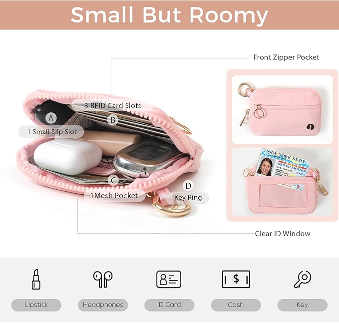 Wristlet Keychain Wallets for Women RFID Blocking Credit Card Holder Small Zipper Coin Purse Change Pouch with ID Window and Detachable Wrist Strap Pink