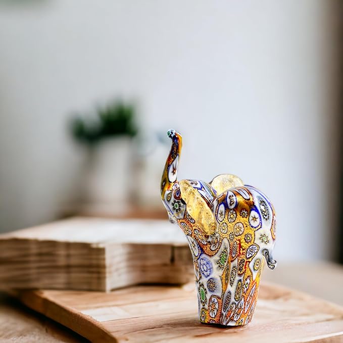Handmade Authentic Murano Glass Millefiori Mosaic Elephant Figurine, 3.5" Tall, 24K Gold Foil Finish, Cute Glass Elephant Figurine, Collectible, Animal Ornament Gift Decor, Made in Italy