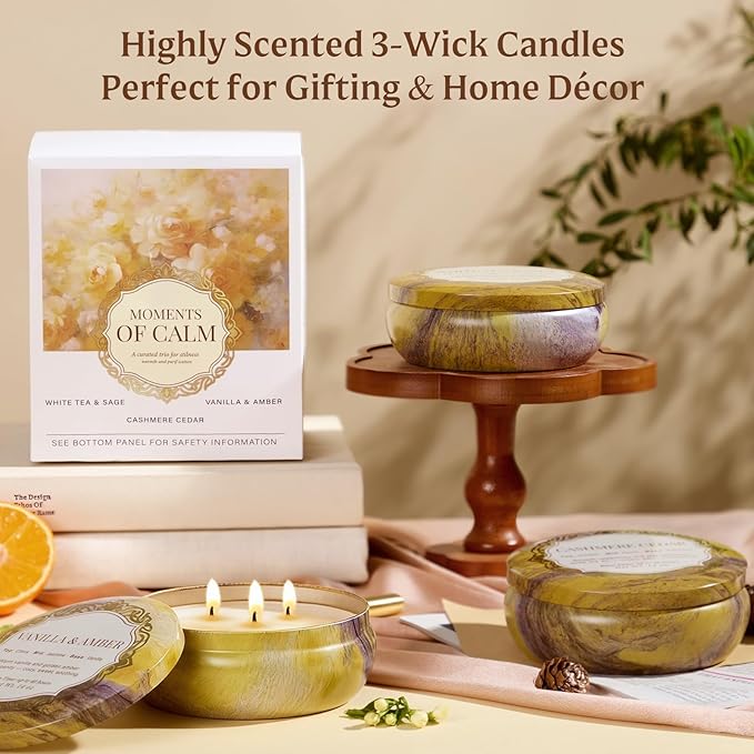 Candles, 3-Pack Large 3-Wick Tin Candle Set, 14oz Each — White Tea & Sage, Vanilla Amber, Cashmere Cedar — Luxury Strong-Throw Aromatherapy Candles in Gift Gold 6.3 x 7.09 in