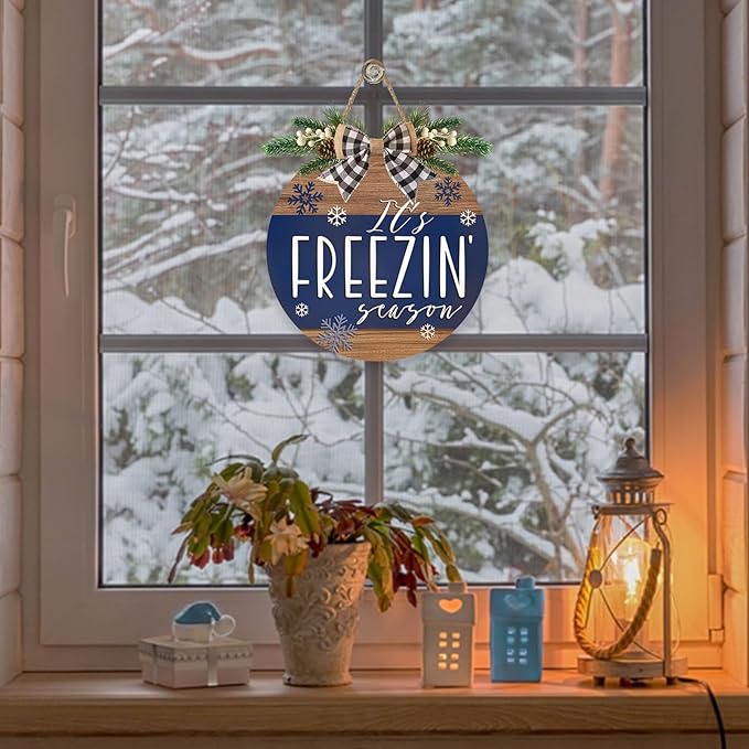 Deroro Winter It's Freezin' Season Blue Front Door Sign, Farmhouse Snowflake Wood Hanger Outdoor Outside Porch Decor, Rustic Christmas Wooden Wreath Indoor Wall Hanging Decoration with Plaid Bow