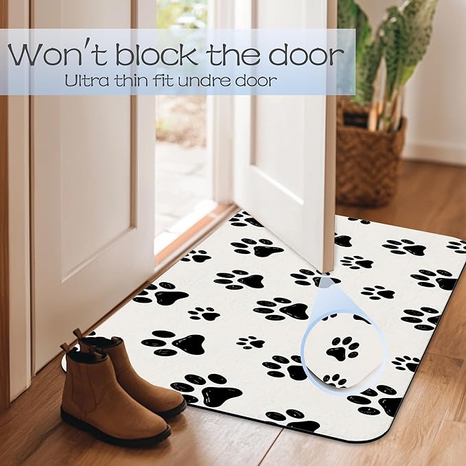 Black White Dog Paws Bath Mat 29.5"x17",Slim Low-Profile Fast Drying Super Absorbent Bathroom Rug with Non-Slip Backing, Easy-Clean Modern Floor Mat for Tub, Shower, or Entryway