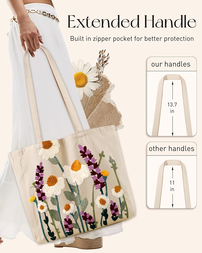 Miss Adola Aesthetic Embroidery Tote Bag for Women - Reusable Canvas Cute Shoulder Bag for Shopping, Grocery, Work, Book
