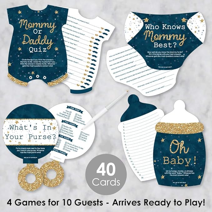 Big Dot of Happiness Twinkle Twinkle Little Star - 4 Baby Shower Games - 10 Cards Each - Who Knows Mommy Best, Mommy or Daddy Quiz, What’s in Your Purse and Oh Baby - Gamerific Bundle