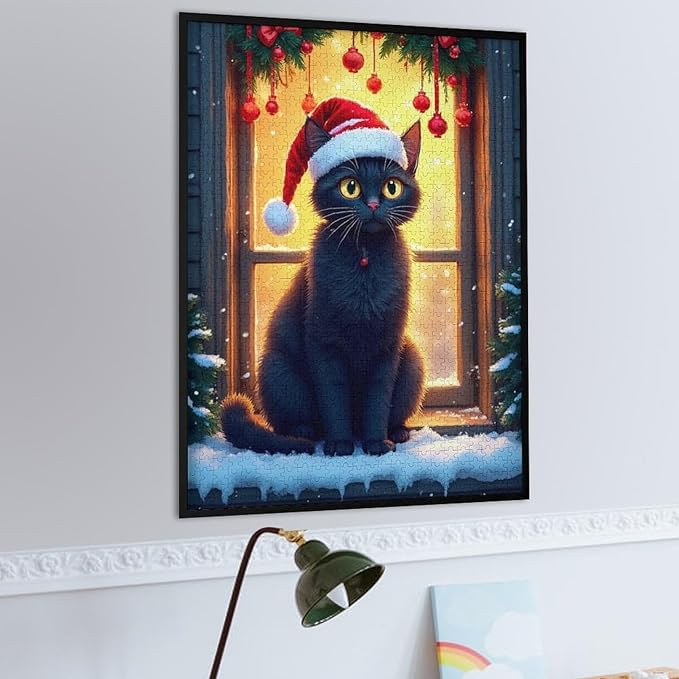 Jigsaw Puzzles for Adults 1000 Piece - Christmas Black Cat Wooden Puzzles, Funny Puzzles，Unique Gifts for Wall Art，Family Puzzles，Educational Games，Challenge Puzzles