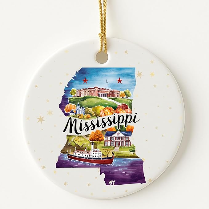 USA State Landmark Ceramic Ornament – Round Glossy Christmas Decoration Featuring U.S. State Art, Landmarks & Holiday Scenery – Collectible Travel Souvenir Ornament Series (Mississippi)