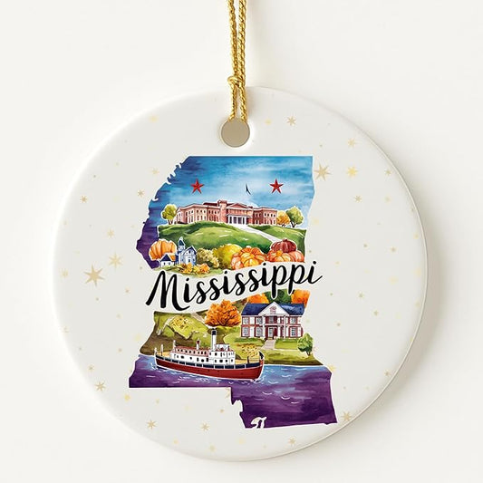 USA State Landmark Ceramic Ornament – Round Glossy Christmas Decoration Featuring U.S. State Art, Landmarks & Holiday Scenery – Collectible Travel Souvenir Ornament Series (Mississippi)