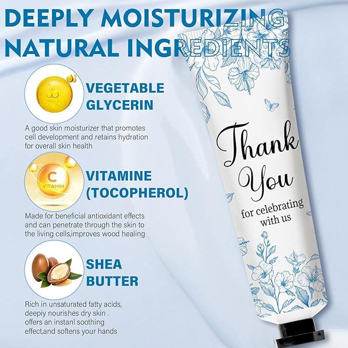 50 Sets Blue Flower Baby Shower Hand Cream Set, Hand Cream Favors for Guests Bridal Wedding Baby Shower Gift Bulk Travel Size Valentine's Gifts with Thank You Card & Organza Bags(blue flower)