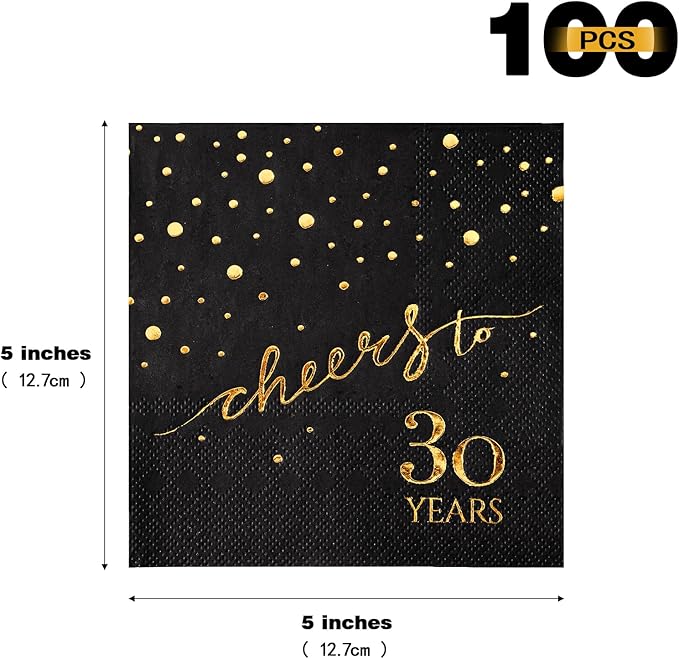 100 Pack of 30th Birthday Napkins, Cheers to 30 Cocktail 5x5 Inches Party Paper Napkins for Birthday Decorations Wedding Anniversary Black and Gold, 3-Ply
