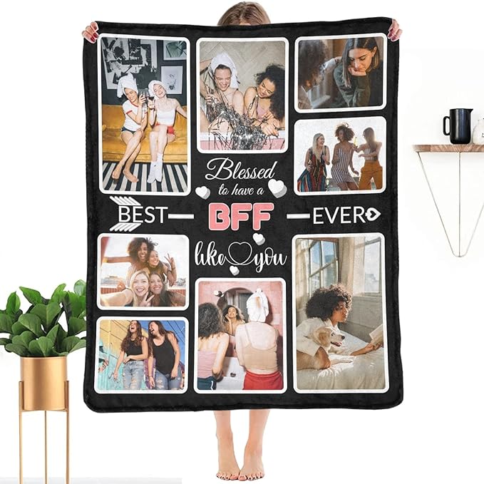 Custom Blanket Gifts for BFF, Customized Blankets with Photos, Make a Personalized Bed Throws to My BFF, Custom Souvenir Throw Blanket for Best BFF Ever, 8 Collages Made in USA