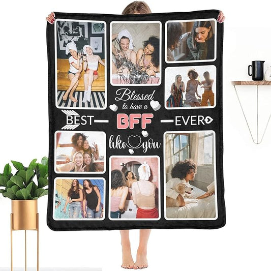 Custom Blanket Gifts for BFF, Customized Blankets with Photos, Make a Personalized Bed Throws to My BFF, Custom Souvenir Throw Blanket for Best BFF Ever, 8 Collages Made in USA