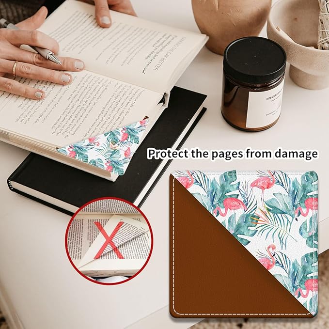 Cute Leather Bookmarks, Fun Triangle Making Corner Bookmark, Book Accessories for Reading Book Lovers, Unbreakable Page Markers for Women Men Tropical Flamingo Palm Trees