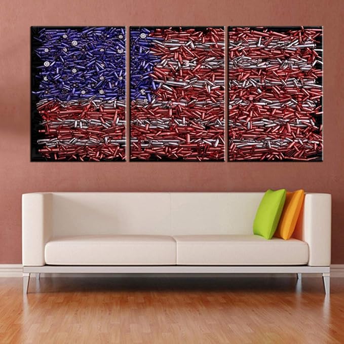 Native United States Paintings USA Flag Formed Out of Bullets Picture 3 Piece Canvas Wall Art for Living Room Home Decor Giclee Contemporary Print Artwork Framed Stretched Ready to Hang(60''Wx28''H)