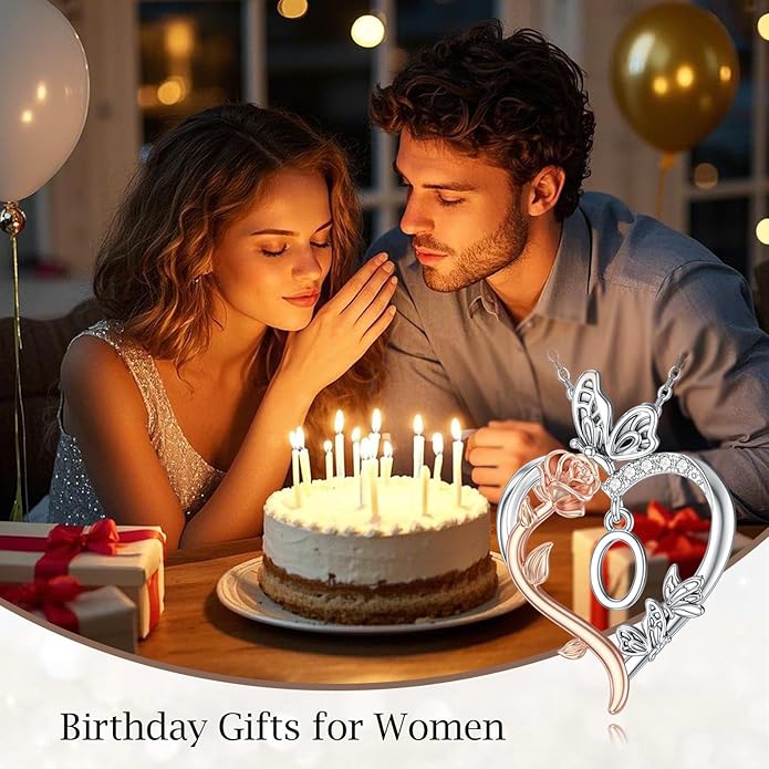TOUPOP Rose Heart Necklaces Gifts for Women 925 Sterling Silver Butterfly Heart Initial Necklace Anniversary Valentines Day Birthday Jewelry Gifts for Mom Her Wife Girlfriend Daughter