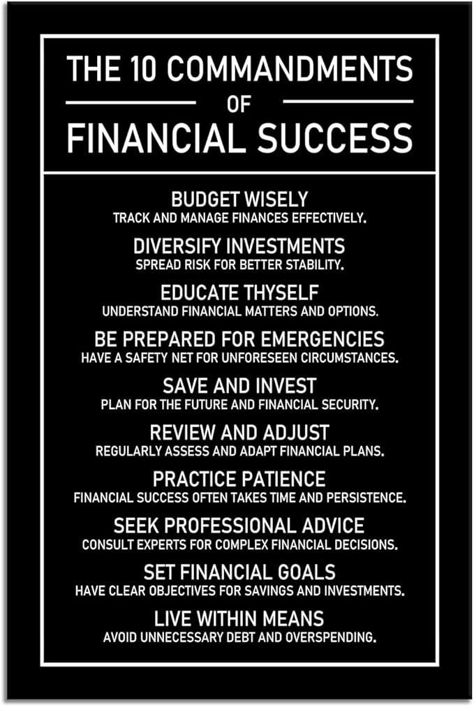 The 10 Commandments Of Financial Success Motivational Wall Art Inspirational Financial Management Quote Canvas Poster Painting Prints for Office Living Room Home Decor Framed Artwork [12''W x 18''H]