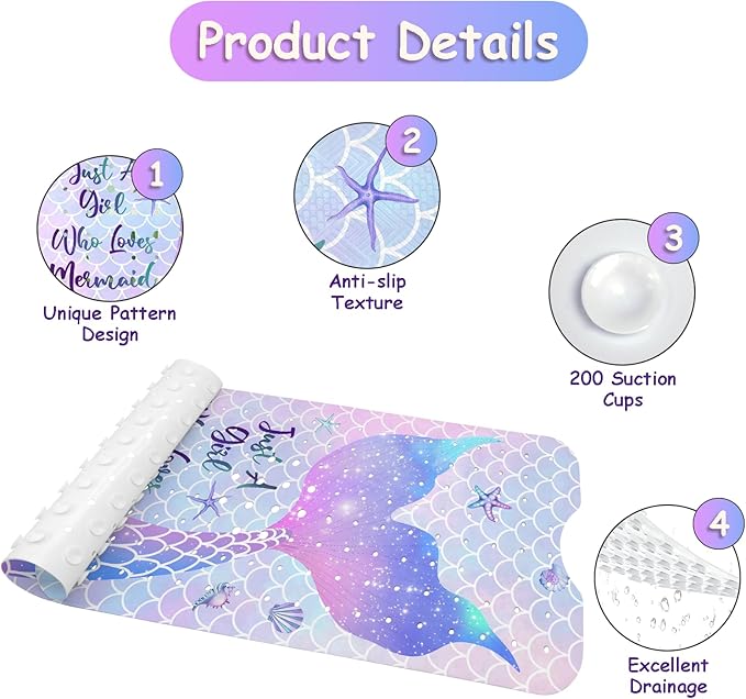 Bathtub Mat Non Slip, Mermaid Extra Long Bath tub Mat Shower Floor Mat with Suction Cups and Drain Holes for Adults Kids Elderly 40 X 16 Inch
