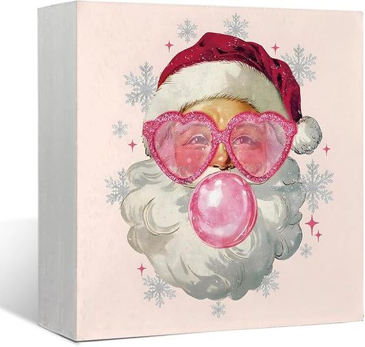 Mtrgdn Pink Retro Santa Christmas Wooden Box Signs,Pink Christmas Sign,Santa Clause Christmas Decor,Christmas Table Decor,Xmas Decor Christmas Birthday Gifts for Women 5x5