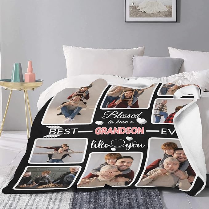 Custom Blanket Gifts for Grandson, Customized Blankets with Photos, Make a Personalized Bed Throws to My Grandson, Custom Souvenir Throw Blanket for Best Grandson Ever, 8 Collages Made in USA