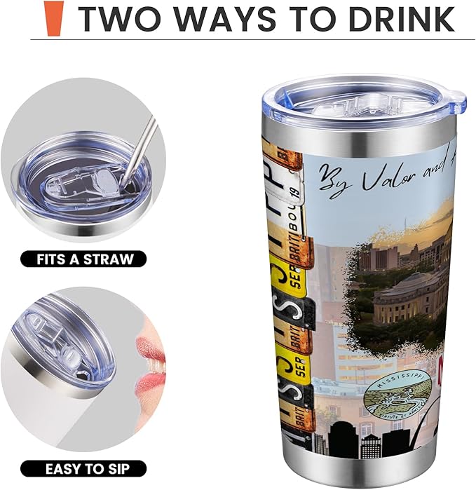 20oz Insulated Tumbler Mississippi State Coffee Mug, United States Map Travel Mug Landmark, Birthday Gifts Cute Custom Tumbler Cups with Lid and Straw Mothers Day Gifts
