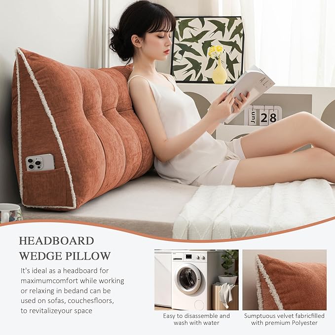 Headboard Pillow Twin, Chenille Triangular Wedge Pillow Headboard Twin Size, Reading Setting Backrest Daybed Pillows for Bed Sofa with Removable Coverr, Orange