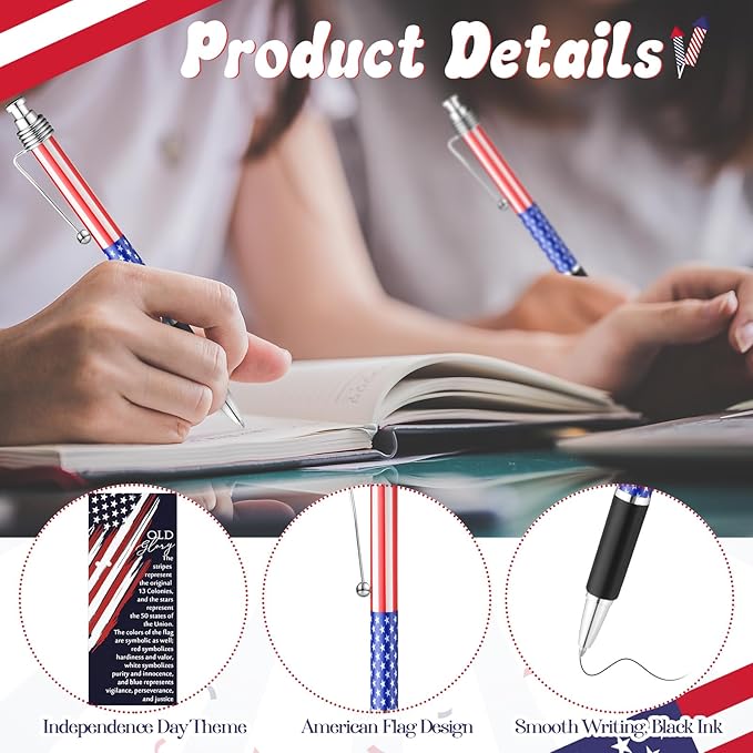 100 Sets American Flag Ballpoint Pens Bulk USA Patriotic Themed Black Ink Retractable Pen Stars Stripes Bookmarks Stationery Easter Party Gifts for Home Office Army Veterans Souvenirs