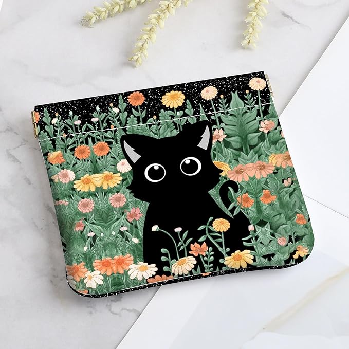 2Pcs PU Leather Small Squeeze Coin Purse Pouch Mini coin Bag Unique And Cute Wallet Cosmetic Bags Change Bag For Women Girls Men （Flowers and Black Cats