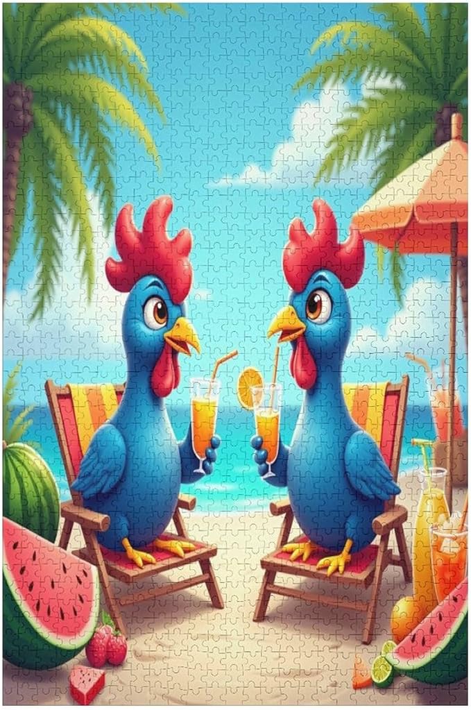 Jigsaw Puzzles for Adults 1000 Piece - Cartoon Seaside Holiday Chicken Wooden Puzzles, Family Puzzles，Educational Games，Challenge Puzzles Puzzle Games