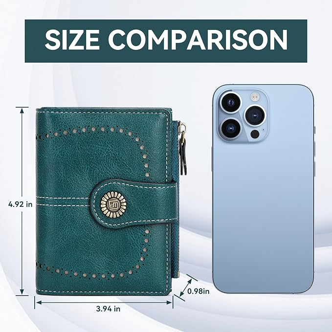 Women's Small Genuine Leather Bifold Wallet Large Capacity RFID Blocking with 16 Card Slots 2 ID Windows and Zipper Coin Pocket Pink (Peacock Blue)