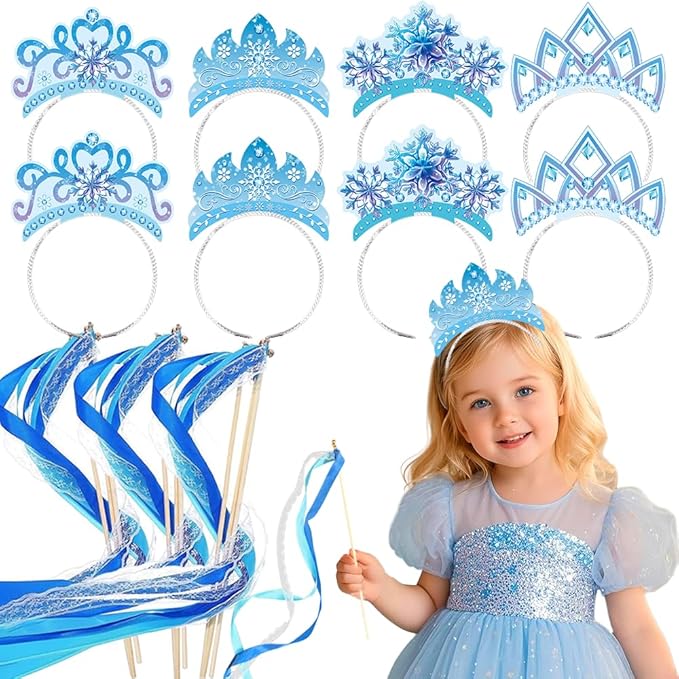 16Pcs Snowflake Headband and Princess Fairy Wand Set, 8Pcs Winter Princess Wands and 8Pcs Angel Snow Flake Crown Headbands, Ice Dress Up Kit for Xmas Winter Themed Birthday Party