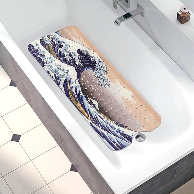 Bathtub Mat Non Slip, Japanese Wave Extra Long Bath tub Mat Shower Floor Mat with Suction Cups and Drain Holes for Adults Kids Elderly 40 X 16 Inch
