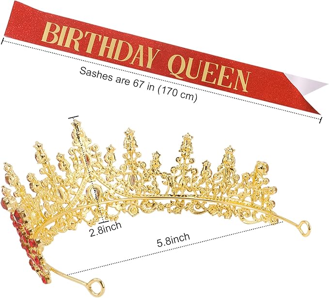 COCIDE Red Birthday Sash and Crown for Women - Crystal Tiaras Decorations for Girl,Glitter Rhinestone Gifts Headband Sashes Decor,Coronas for Queen,Happy Birthday Accessories Party Favors