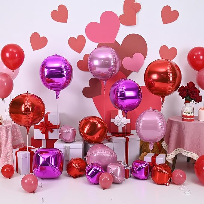 15PCS Red Pink Round Foil Balloons, 22" 15" 10" Large 4D Ball Balloons Red Hot Pearl Pink Metallic Mirror Balloon for Valentines Day Wedding Women Girls Birthday Party Supplies