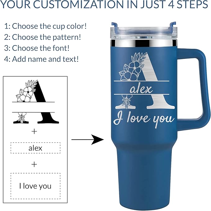 Personalized Tumbler With Handle-Custom 40oz Travel Cup With Lid And Straw-Laser Engraved With Name,Logo,Text,Image-Personalized Gifts For Mom,Dad,Birthday