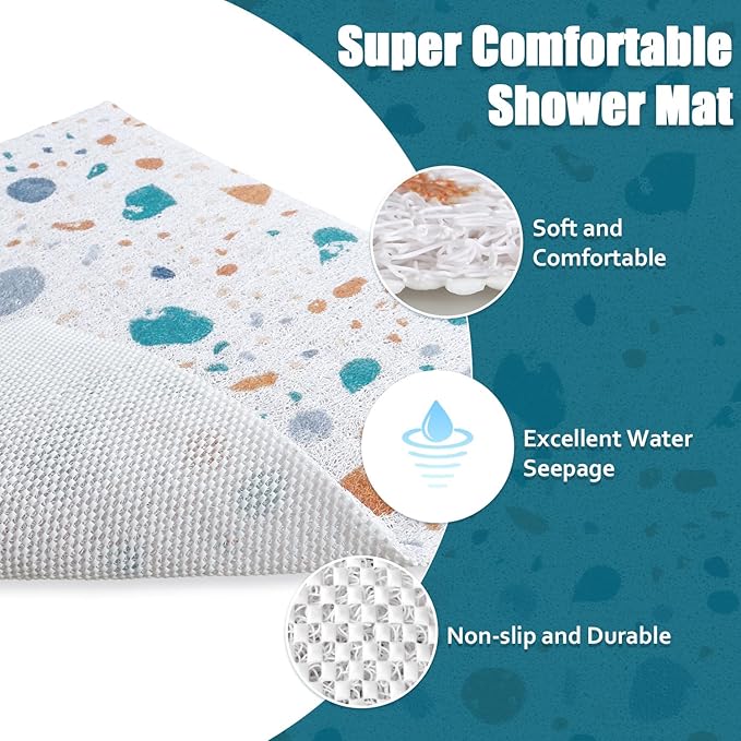 Shower Mat Anti Slip - 24x24 Inch Soft Comfort Bath Mat with Drainage Holes, PVC Loofah Massage Bathmat for Shower, Tub, Bathroom, Wet Areas, Quick Drying
