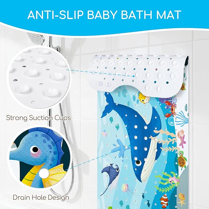 Baby Bath Mat for Tub, Non Slip Kids Bath Shower Mat, 40 X 16 Inch Large Bathtub Mat with Drain Holes and Suction Cups for Toddlers, Machine Washable and Waterproof (Whale)