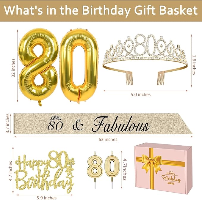 80th Birthday Decorations for Women Gold with 80th Birthday Sash and Tiara, Cake Topper and Candles, Number Balloons, 80 Year Old Gifts for Women